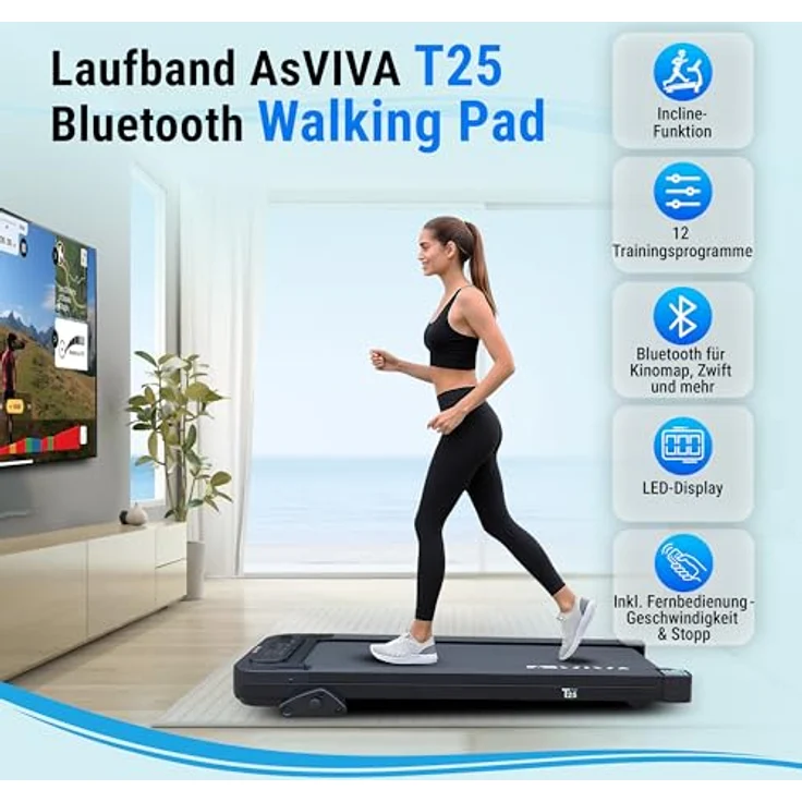 AsVIVA Walking Pad Laufband, leise und tragbar mit 5 % Neigung für effektives Gehtraining, kompakt für Schreibtisch und Home Office, inkl. Bluetooth-Fernbedienung – Bild 3