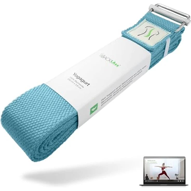 BACKLAxx® Yoga Gurt Baumwolle (hellblau) – Nachhaltiges Yoga Zubehör Set, Yogagurt 250 cm lang mit praktischem Verschluss aus Metall, Yoga Set ideal für Yoga, Pilates und Dehnen inkl. Anwendungsvideos – Bild 1