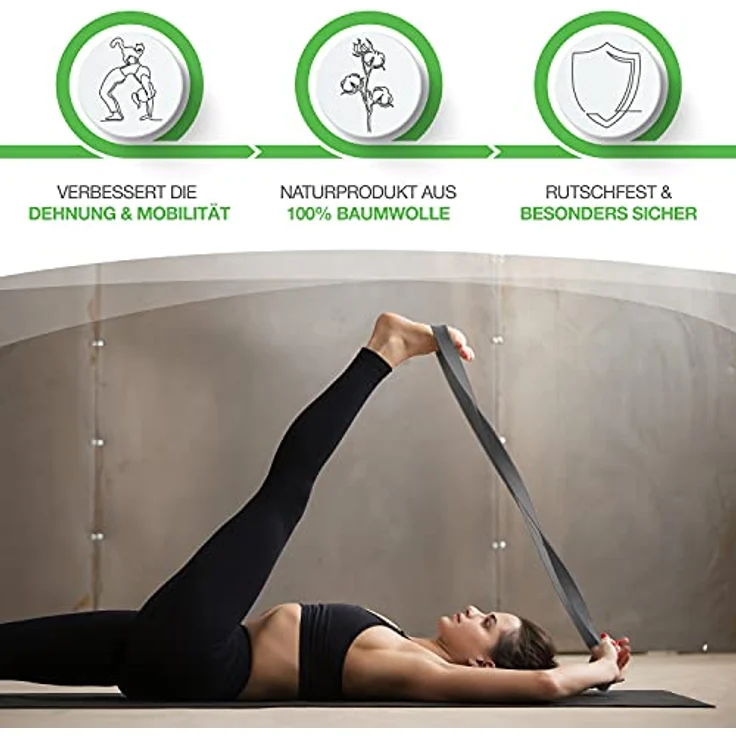 BACKLAxx® Yoga Gurt Baumwolle (grau) – Nachhaltiges Yoga Zubehör Set, Yogagurt 250 cm lang mit praktischem Verschluss aus Metall – Yoga Set ideal für Yoga, Pilates und Dehnen inkl. Anwendungsvideos – Bild 2