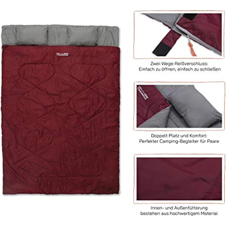 Lumaland Where Tomorrow Doppelschlafsack 190 x 150 cm - Weinrot, 2-Personen Schlafsack, wasserabweisend, atmungsaktiv, 300 g/m² – Bild 5
