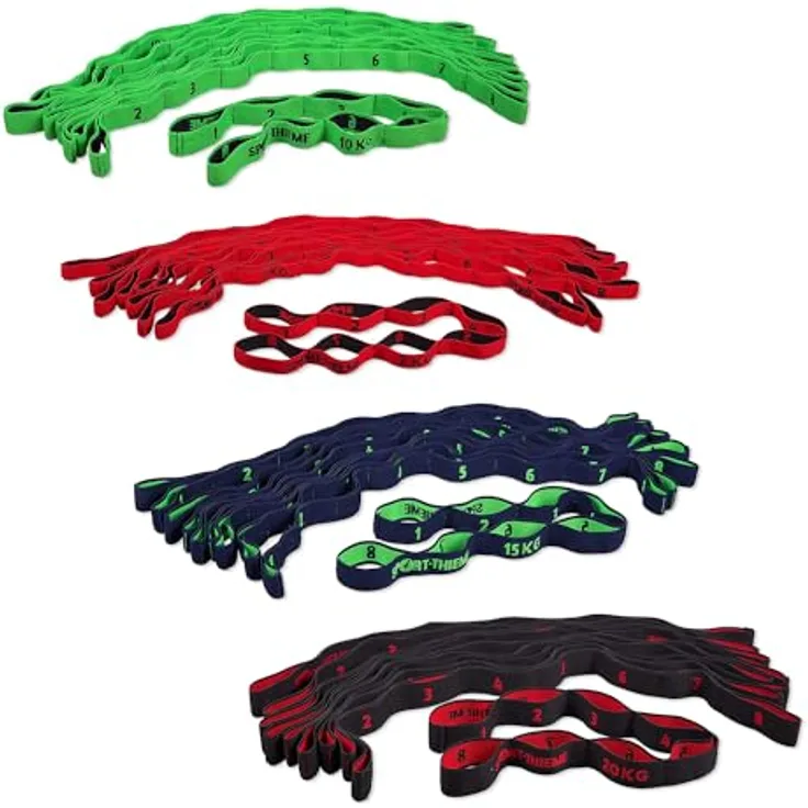 Sport-Thieme Elastisches Textilband Set, 10x Fitnessbänder mit Griffen, in 4 Zugstärken und Farben, L: 96 cm, aus Latex und Polyesterfäden