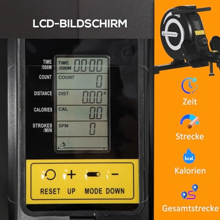 HOMCOM Rudergerät für Zuhause, Klappbar Rudermaschine mit 8 Stufen Magnetbremssystem, LCD-Anzeige, Alu, Schwarz – Bild 4