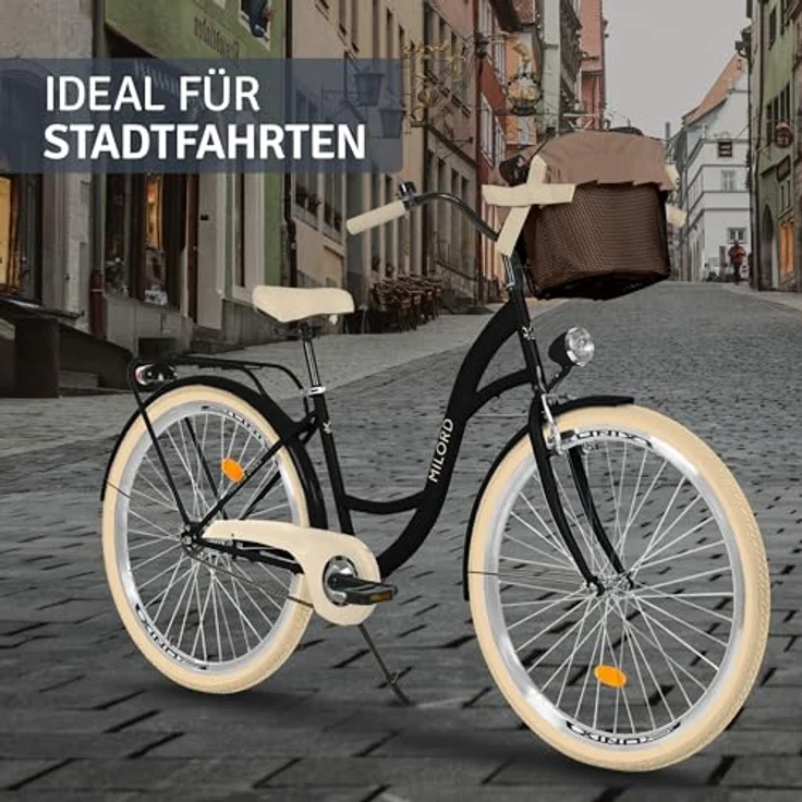 Milordbikes City-Fahrrad, Schwarz und Creme, Metall, 46 cm, leicht rollende City-Reifen, mit hinterem Träger – Bild 6
