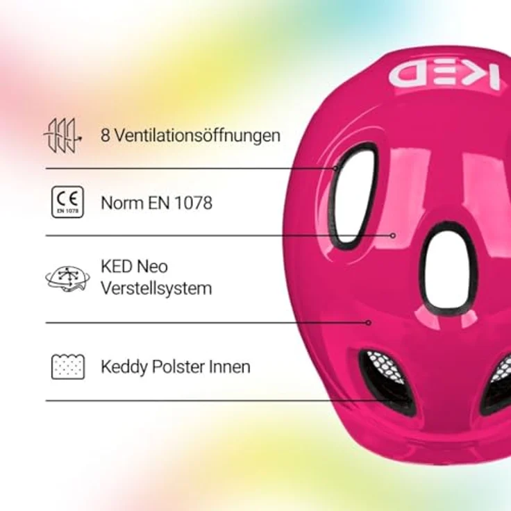 KED Meggy Spark Kinderfahrradhelm, Inmold-Technologie, 360° Verstellsystem, Reflektoren, Insektenschutznetz, Leicht, Verstellbar, Pink, Größe: 45-50 (S) – Bild 3