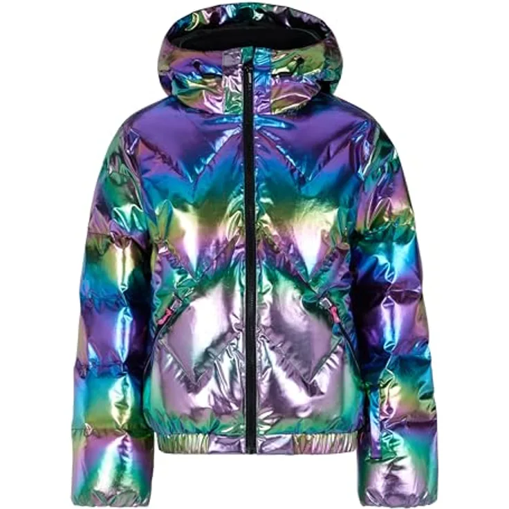 PROTEST PRTSELINA JR Skijacke für Jungen, 152 cm, metallic Regenbogenfarben, thermoisolierend, mit Kapuze und Schneefang, elastische Innenmanschetten