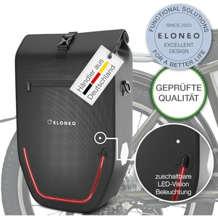 Eloneo Velotasche, Gepäckträgertasche mit 28 l Volumen, wasserdicht, integrierter LED-Streifen und Reflektoren für erhöhte Sichtbarkeit – Bild 9