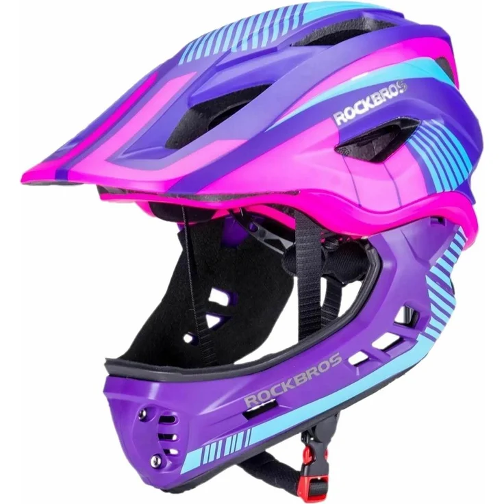 Rockbros TT-32SBPP-S, Velohelm für Kinder (48 - 53 cm) mit abnehmbarem Kinnbügel, lila-rosa, herausnehmbarem Innenfutter und 360°-Einstellknopf