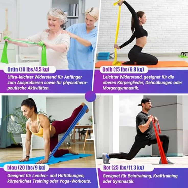 COFOF Gymnastikband 4er-Set mit 4 Widerstandsstufen, Fitnessbänder in Limonengrün, gelb, blau und rot, inkl. Tragetasche & Übungsanleitung – Bild 3