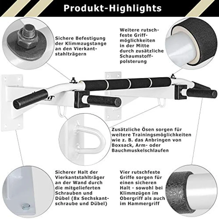 MOVIT® Profi Klimmzugstange zur Wandmontage, bis 350 kg, 4x rutschfeste Griffe + XXL Softgrip, 2x Ösen für Zubehör, schadstoffgeprüft, Schwarz, Türreck Reckstange Pull up bar – Bild 2