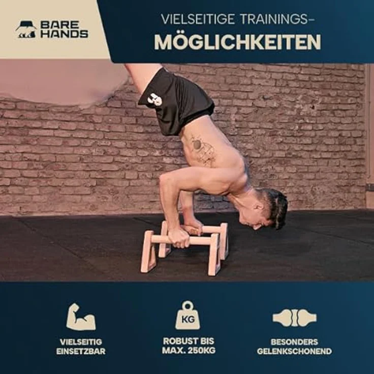 Bare Hands Liegestützgriffe XL - Gelenksschonende & rutschfeste Holz Liegestützgriffe für Handstand & Calisthenics, helles Buchenholz, 2er Set – Bild 3
