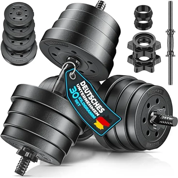 RE:SPORT 2er Hanteln Set verstellbar 15/20/30/40 kg, Hantelset mit rutschfestem Griff, 4 Sternverschlüssen und Zubehör für effektiven Muskelaufbau