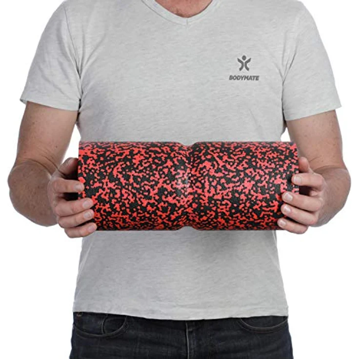 BODYMATE Faszienrolle CARE Mittel-Hart mit umlaufender Rille zur Wirbelsäulen-Entlastung, E-Book inklusive - Schwarz/Pepper-Red, 35x14cm – Bild 3