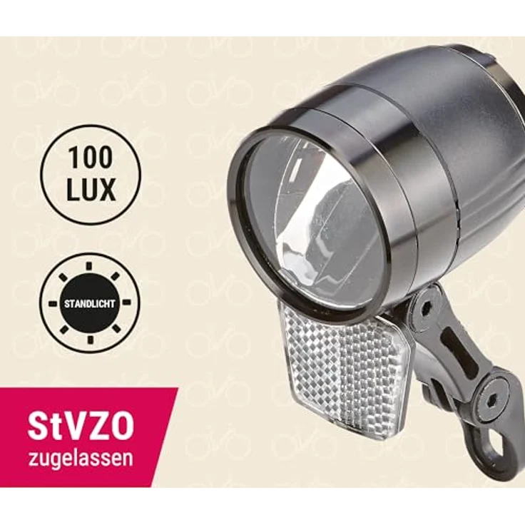 PROPHETE LED-Scheinwerfer 100 Lux, StVZO-zugelassen mit Standlichtfunktion und Sensorautomatik, kompatibel mit Nabendynamo und 6V E-Bike-Akku, abnehmbarer Reflektor – Bild 2