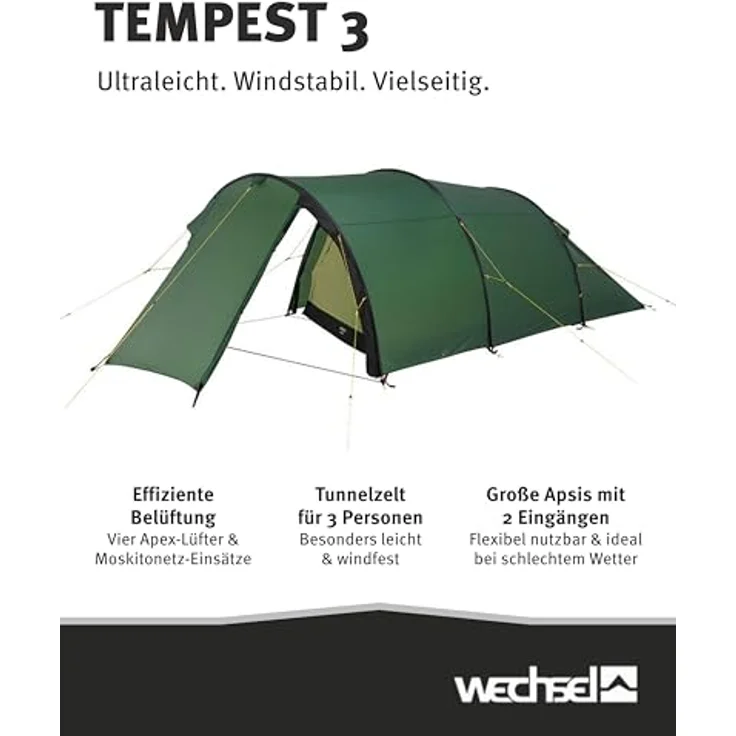 Wechsel Tempest 3 I Zero-G Tunnelzelt für 3 Personen, ultraleicht, schnell aufbaubar, kompakt & transportabel, ideal für Camping, Wandern & Radreisen – Bild 2