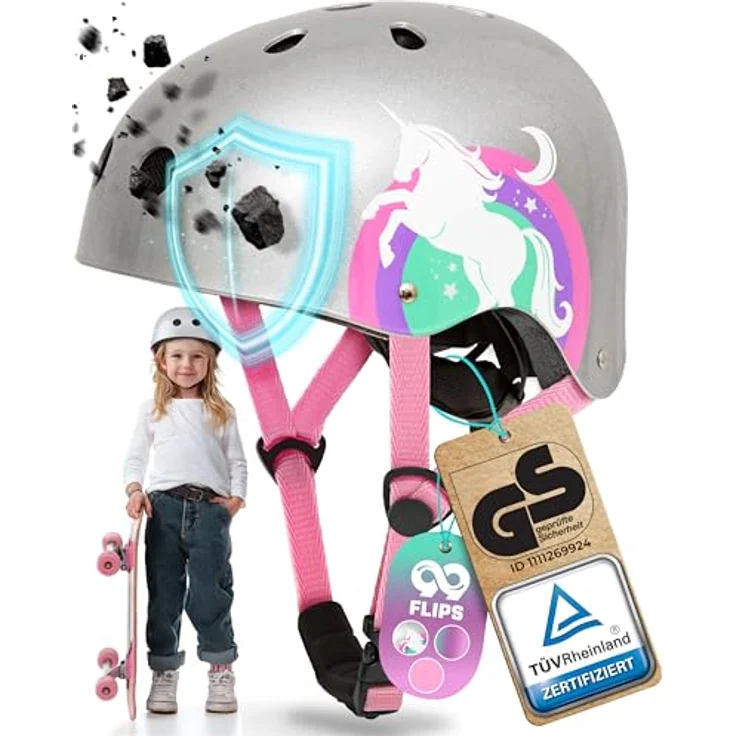 99FLIPS Skaterhelm Kinder - GS durch Rheinland, TÜV-geprüfter Fahrradhelm für Mädchen, Größe XS (48-54 cm), Silber – Bild 1