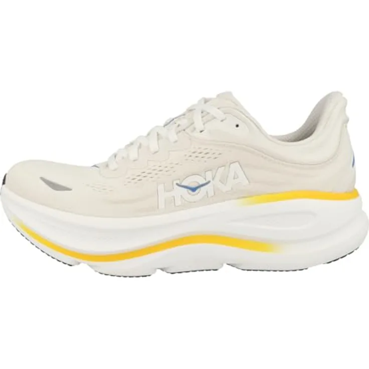 Hoka One One M Bondi 9, Atmungsaktive Laufschuhe mit Meta-Rocker und stabilisierender Fersenkappe, Weiß / Grau, Größe 45 1/3