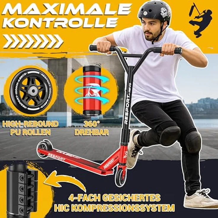 RE:SPORT® Stunt Scooter REVO, Profi Stuntroller für Kinder & Erwachsene mit Ständer, 100mm Polyurethan Wheels, Y-Bar, ABEC 9 Kugellager – Bild 2