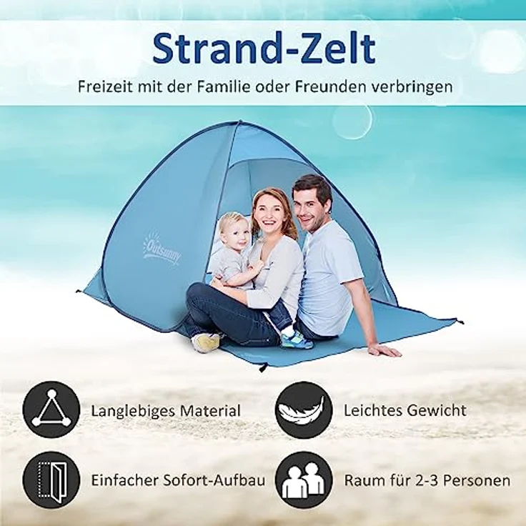 Outsunny Strandmuschel Pop Up Zelt, automatische Strandmuschel für 2-3 Personen, stabil und transportabel, blau 200 x 150 x 119 cm – Bild 3