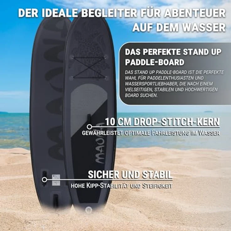 HAGO Stand Up Paddle-Board, 308 cm lang, Schwarz, Komplettset mit Alu-Paddel, Luftpumpe, Tragetasche, 120 kg Tragkraft – Bild 3