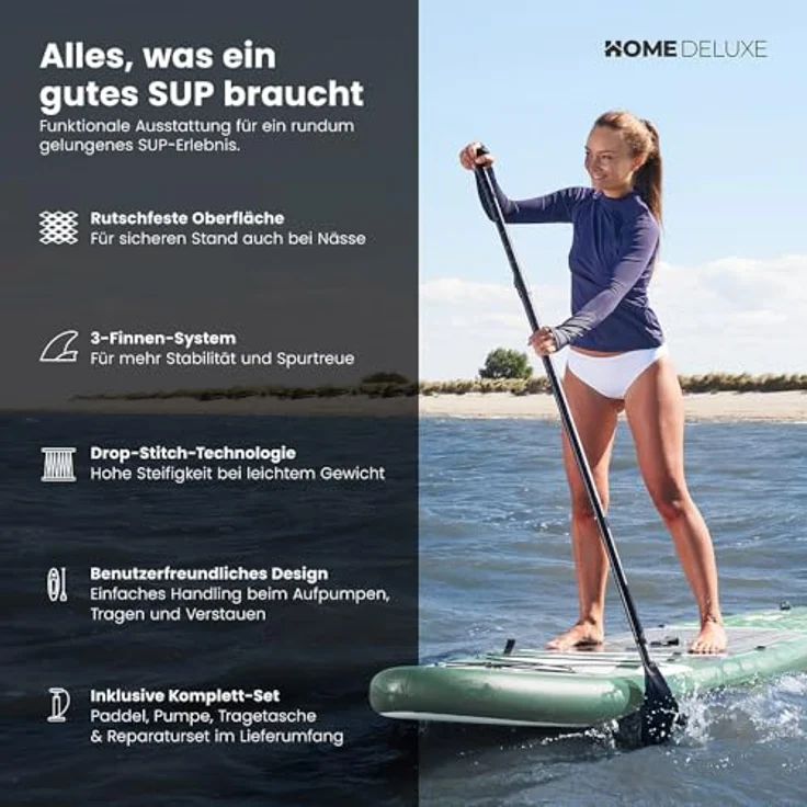 HOME DELUXE Stand Up Paddle Board MOANA, aufblasbares SUP in Mintgrün mit rutschfester Oberfläche und 3-Finnen-System, Größe M – Bild 5