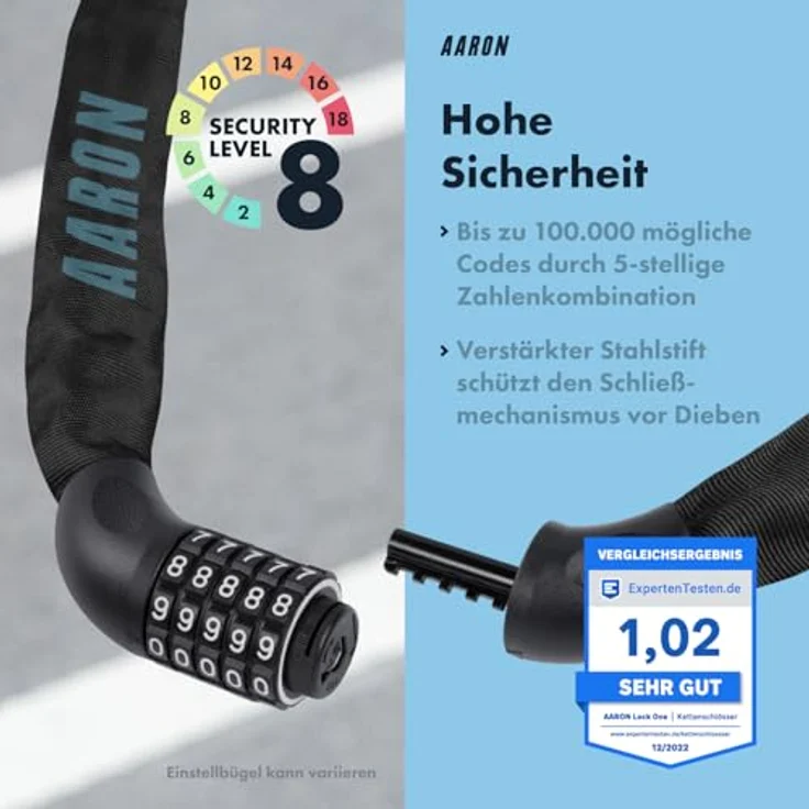 AARON Lock One Fahrradschloss, Kettenschloss mit 5-stelligem Zahlencode, 100 cm, grau-blau – Bild 4