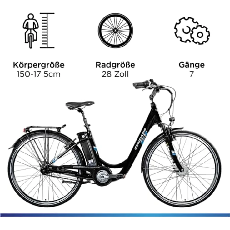ZÜNDAPP E Bike City 28 Zoll | Elektrofahrrad mit 7 Gang Vorderrad Motor | Retro Hollandrad Green 3.7 (schwarz/blau, 48 cm) – Bild 3