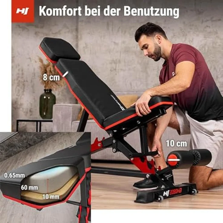 HS HOP-SPORT Hantelbank HS-2090HB, vielseitig & stabil, multifunktionale Trainingsbank, bis zu 300 kg belastbar, schwarz – Bild 5