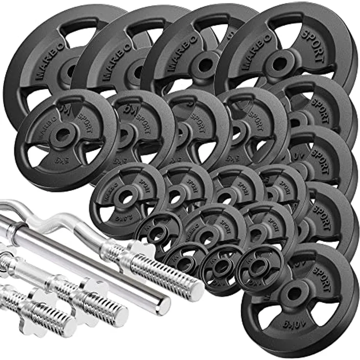 Marbo Sport - Set MW KIER Tri-Grip Hantelscheiben aus Gusseisen, 172kg, Ø31 mm Aufnahme, SZ-Curlstange, Kurz- & Langhantelstange, professionelles Hantelscheiben-Set