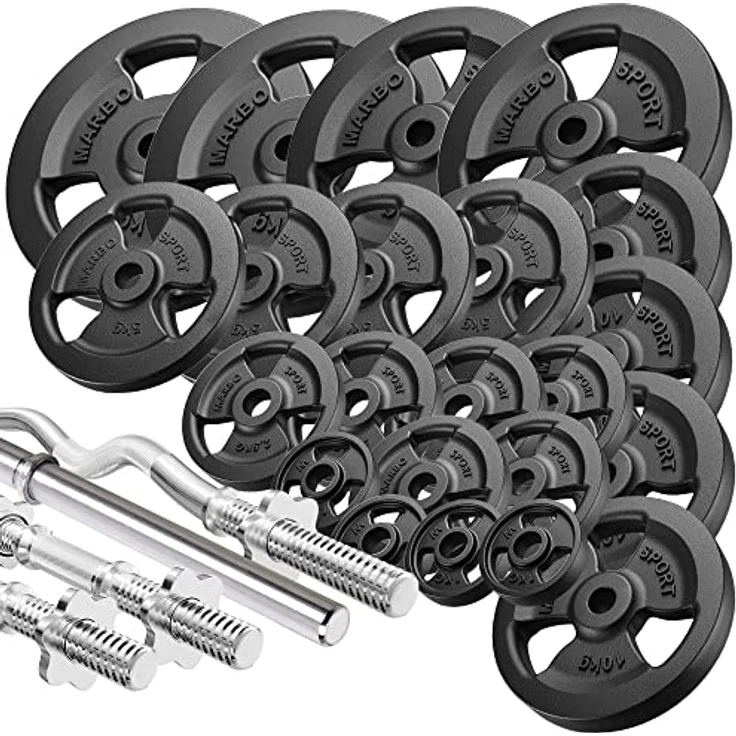 Marbo Sport - Set MW KIER Tri-Grip Hantelscheiben aus Gusseisen, 172kg, Ø31 mm Aufnahme, SZ-Curlstange, Kurz- & Langhantelstange, professionelles Hantelscheiben-Set – Bild 1