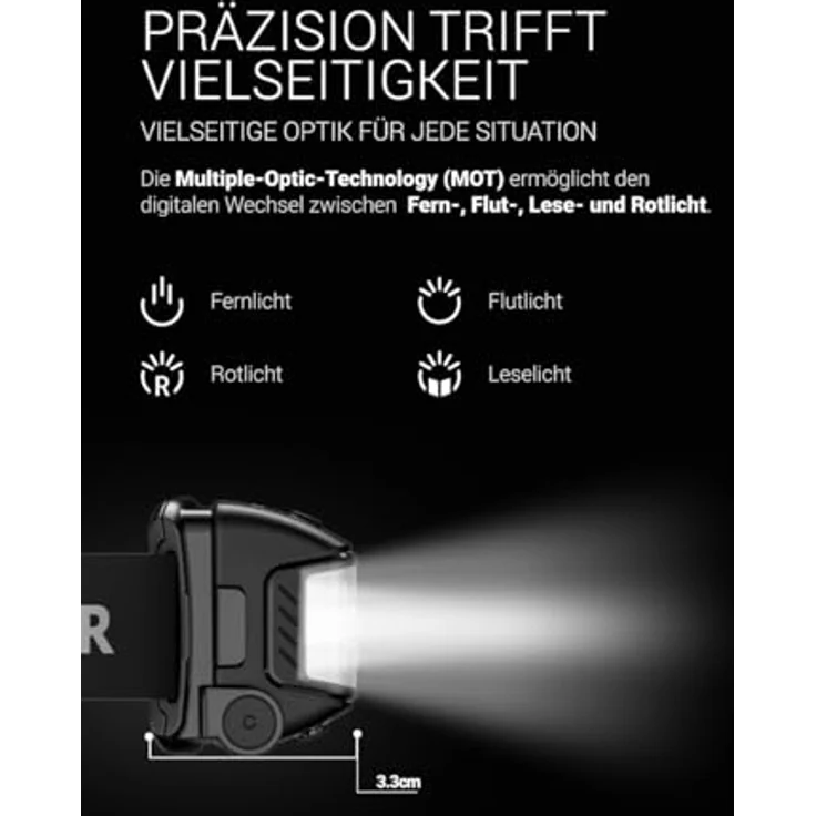 Zweibrüder LED Stirnlampe ZB3H, Focus-Function, aufladbar über USB-C, Aluminiumgehäuse, Rotlicht – Bild 4