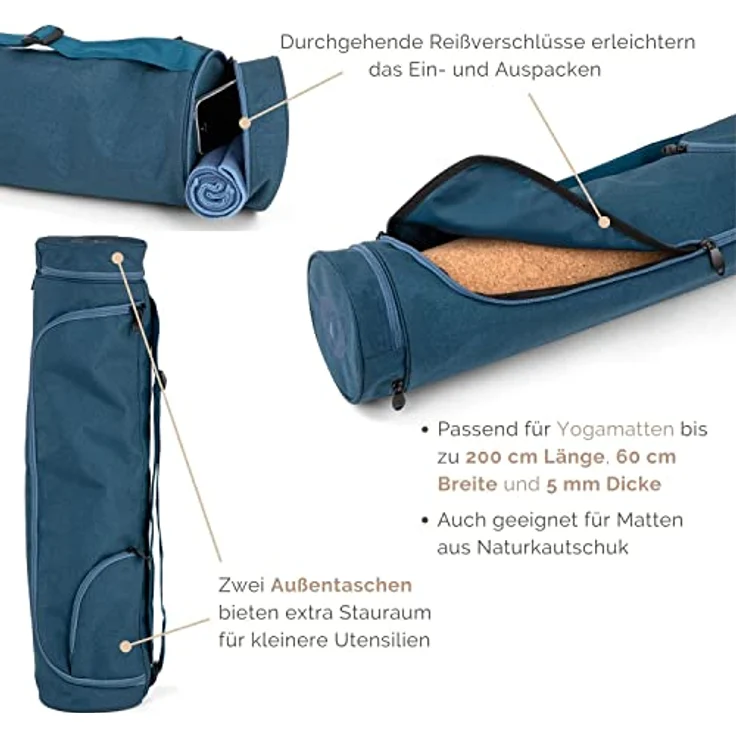 Bodhi Yogatasche ASANA BAG 60 | Spritzwasserfeste Sporttasche | Außentaschen für extra Platz | Polyestertasche für Yogamatten & Zubehör | Yogamattentasche für Matten mit 60 cm Breite | blau – Bild 3