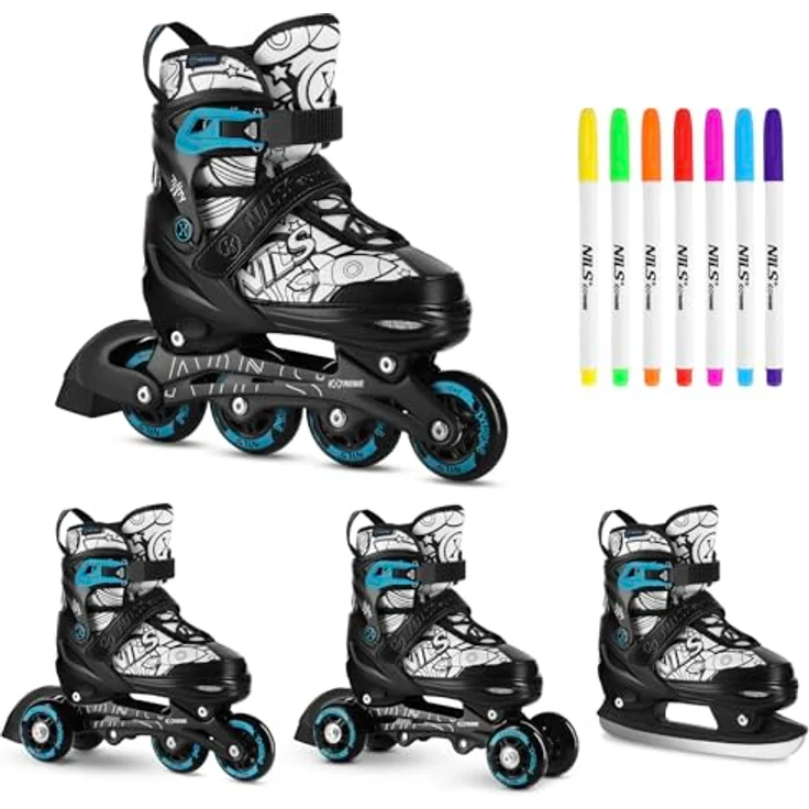 Nils Extreme NH10907 TINTY Rollschuhe 4in1, Inlineskates und Schlittschuhe in Grün, Größe 31-34 mit 7 Permanentmarkern – Bild 4