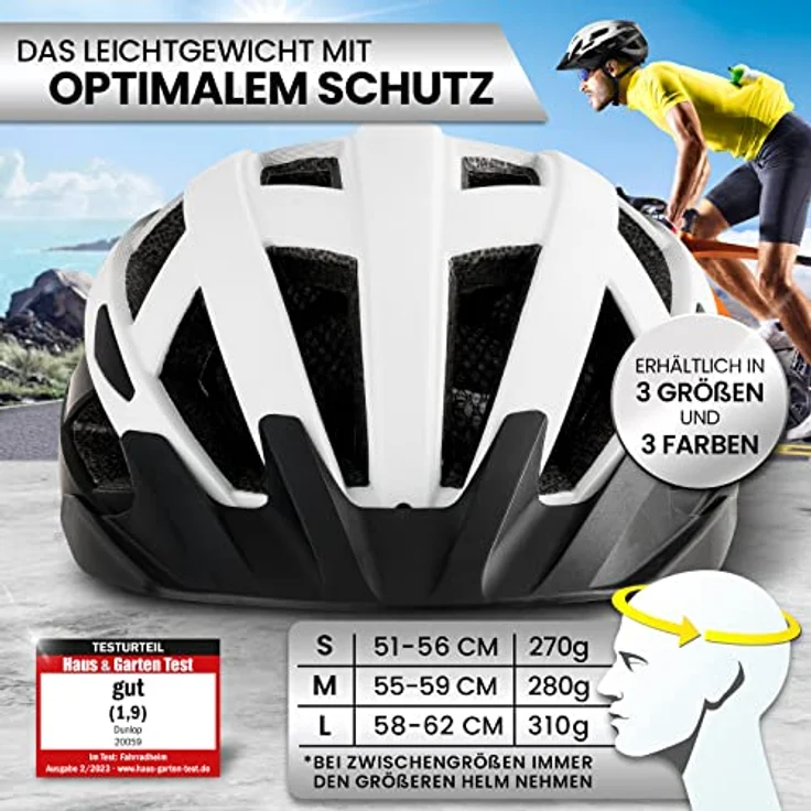 Dunlop Sports Fahrradhelm mit Licht, Ultraleichter Spezialhelm für Damen, Herren und Kinder, abnehmbares Visier, Rücklicht, Urban, Weiß/Schwarz, S (52-56 cm) – Bild 2
