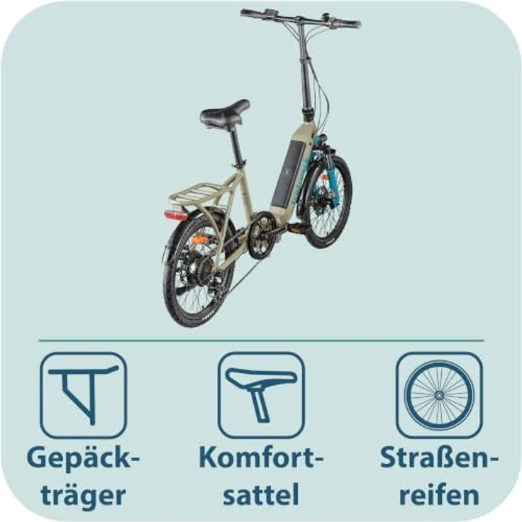 Tretwerk Camper E-Bike Klapprad 20 Zoll, 468 Wh Pedelec für Damen und Herren, beige/türkis – Bild 8