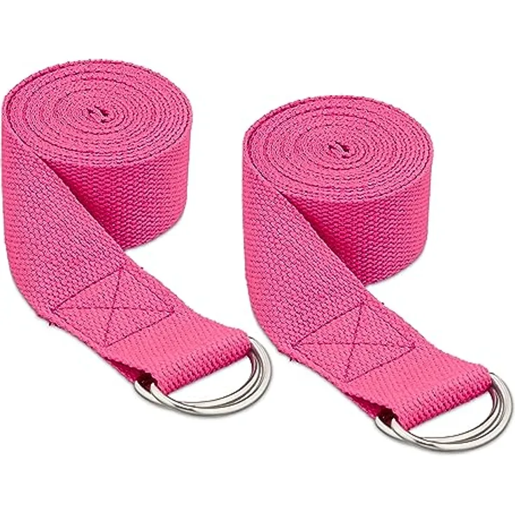 Relaxdays Yogagurt 2er Set, Dehnungshilfe, 250 x 3,8 cm, Yogaband für Anfänger und Fortgeschrittene, Baumwolle, pink