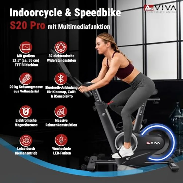 AsVIVA S20 Speedbike, Indoor Cycle Heimtrainer mit 20 kg Schwungmasse, 32 Stufen, Bluetooth und 21,5" Touchdisplay, leise für Zuhause – Bild 3