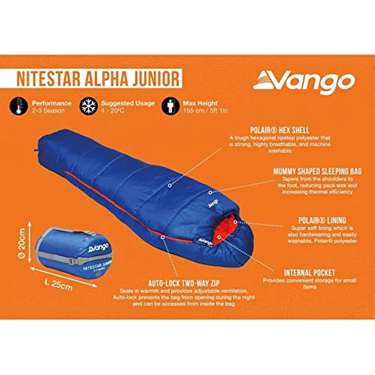 Vango Kinder Nitestar Alpha Schlafsack, Classic Blue, Komfort -2°C, Füllung Insulite Alpha, Gewicht 1,3 kg – Bild 2