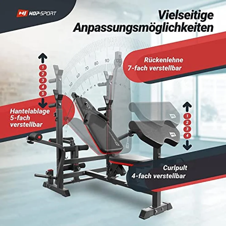 HS HOP-SPORT Hantelbank Kraftstation 1075 mit Latzug, Curlpult, Butterfly und Beincurler, stabil bis 170 kg, in Schwarz – Bild 3