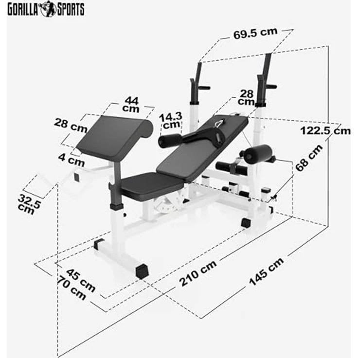 GORILLA SPORTS® Hantelbank mit Gewichten - Multifunktionale Fitnessstation mit 170 cm Hantelstange, 40/70/100 kg Hantelset, Beincurler, Butterfly, Dip-station, Curlpult - Trainingsbank in Schwarz – Bild 2