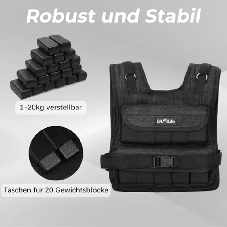 DH FitLife Verstellbare Gewichtsweste 20KG Kompakt u. Stabil zum Muskelaufbau u. Krafttraining | Weighted Vest | Laufweste Damen Herren | Fitnessweste Trainingsweste - Preisvergleich – Bild 4