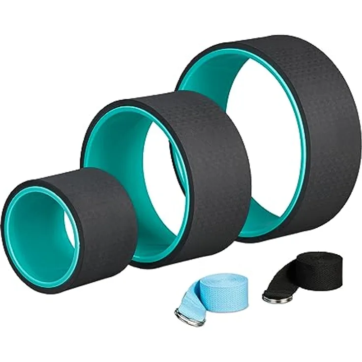 Relaxdays Yogarad 3er Set, Ø: 33, 26,5, 17 cm, mit 2 Yogagurten, Yogaringe für Stretching, Kunststoff, türkis/schwarz