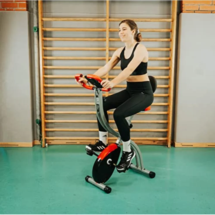 Fjoerdesports Senioren Heimtrainer, faltbarer Fahrradtrainer, Heimtrainer, Fitnessfahrrad LCD Trainingscomputer, klappbarer Hometrainer, inklusive Pulsmessung, 8 Widerstandsstufen (Schwarz-Rot) – Bild 4
