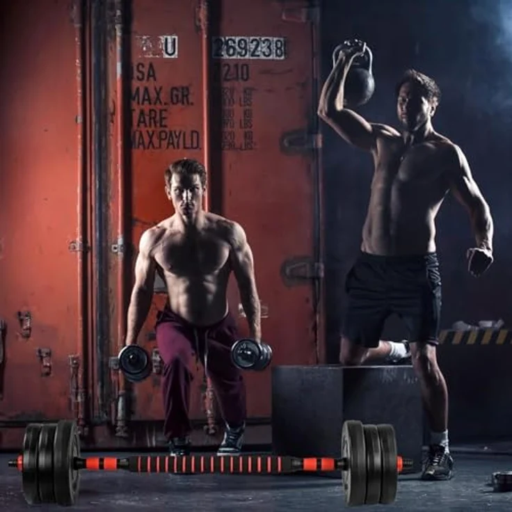 MOVIT 6in1 Hantelset 30 kg rot, Profi Hantel Set mit 2 Kurzhanteln, Kettlebell, Liegestützgriffen und verstellbaren Langhanteln – Bild 2
