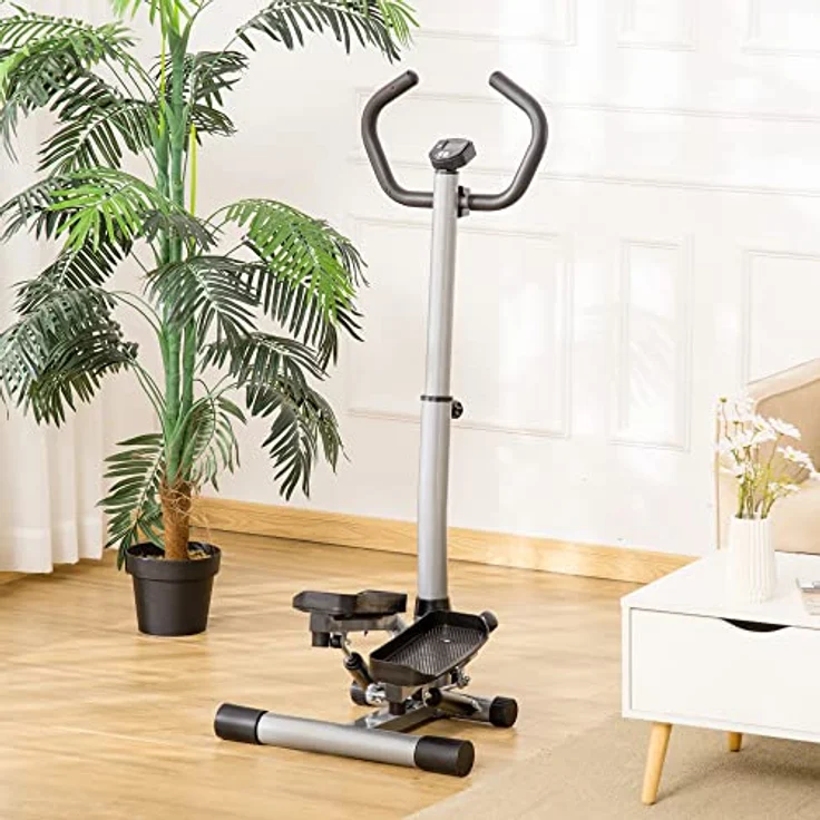 HOMCOM Stepper mit Handgriff Fitness Heimtrainer für Zuhause klein Fitnessgerät für Bein- und Po-Training mit LCD-Bildschirm einstellbare Geschwindigkeit Metall ABS Schwarz+Silber 55 x 53 x 118-128 cm – Bild 2