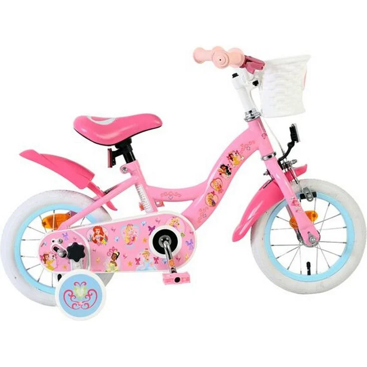 Volare Magic Royals Kinderfahrrad 12 Zoll, Mädchenfahrrad in Rosa mit Korb, Stützrädern und Sicherheitsbremsen