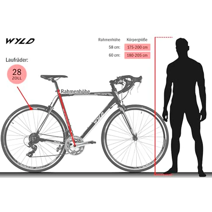 WYLD Rennrad Whirlwind 50, 28 Zoll, 14 Gänge, Aluminium-Rahmen, Schwarz-Rot, 58 cm – Bild 3