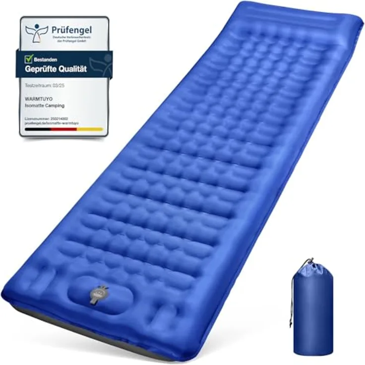 WARMTUYO Isomatte Camping 12CM, Aufblasbare Matratze mit Fußpumpe und Kissen, Ultraleicht und Wasserdicht für Outdoor, Anti-Ripstop Schlafmatte, 1 kg