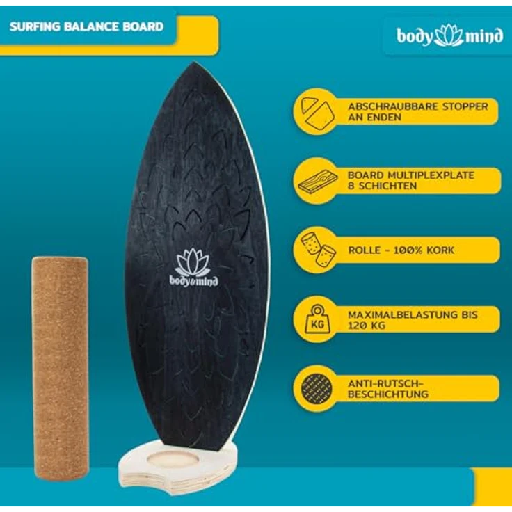 Body & Mind Balanceboard Wackelbrett für Physiotherapie und Surf-Training, Holz 78x30 cm mit Korkrolle, inkl. gratis E-Book – Bild 2