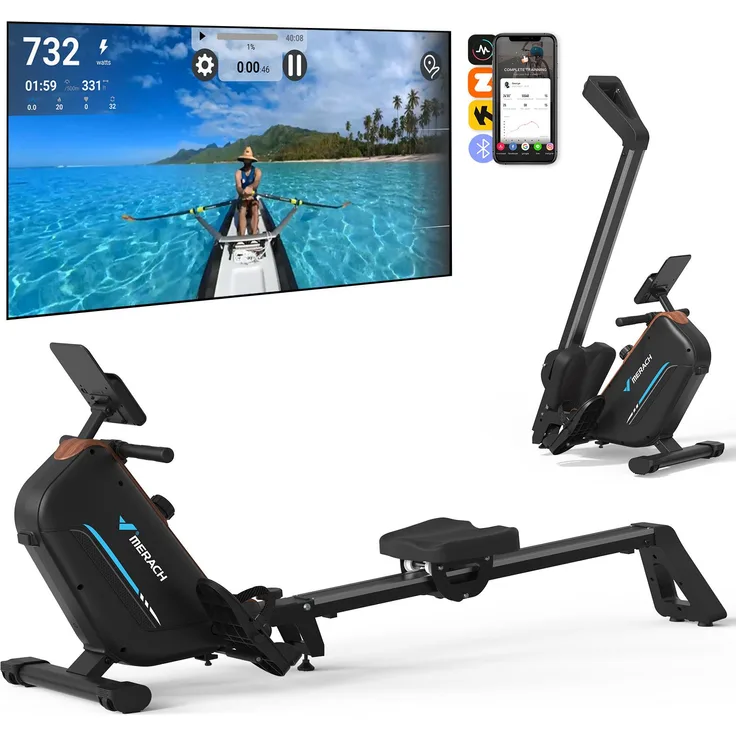 MERACH klappbares Rudergerät MR-200, leise magnetisch mit 16 Widerstandsstufen, LCD-Display, Bluetooth & Kinomap, Tablet- & Flaschenhalter, bis 158 kg