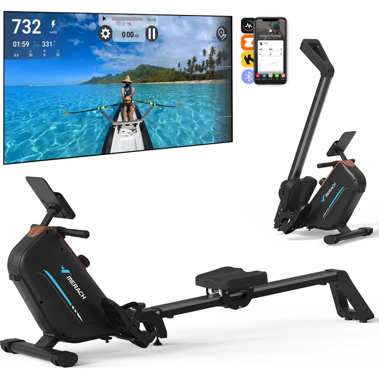 MERACH klappbares Rudergerät MR-200, leise magnetisch mit 16 Widerstandsstufen, LCD-Display, Bluetooth & Kinomap, Tablet- & Flaschenhalter, bis 158 kg